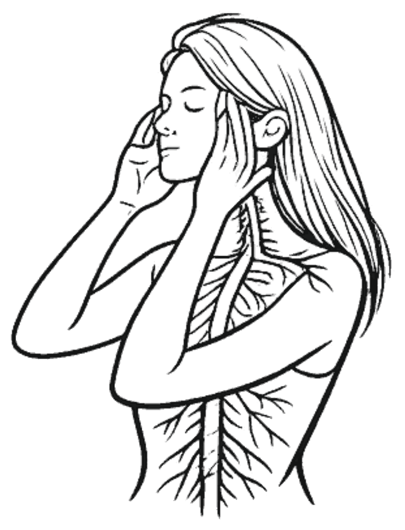 Lijntekening van een vrouw met haar ogen dicht en haar handen bij haar gezicht,
                  met haar zenuwstelsel zichtbaar langs haar wervelkolom.